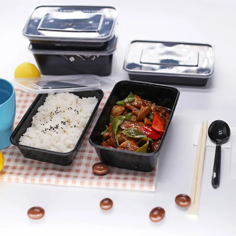 10 Pack Black Plastic Disposable Food Containers with Lids for Takeout Meals Salads and Kitchen Storage