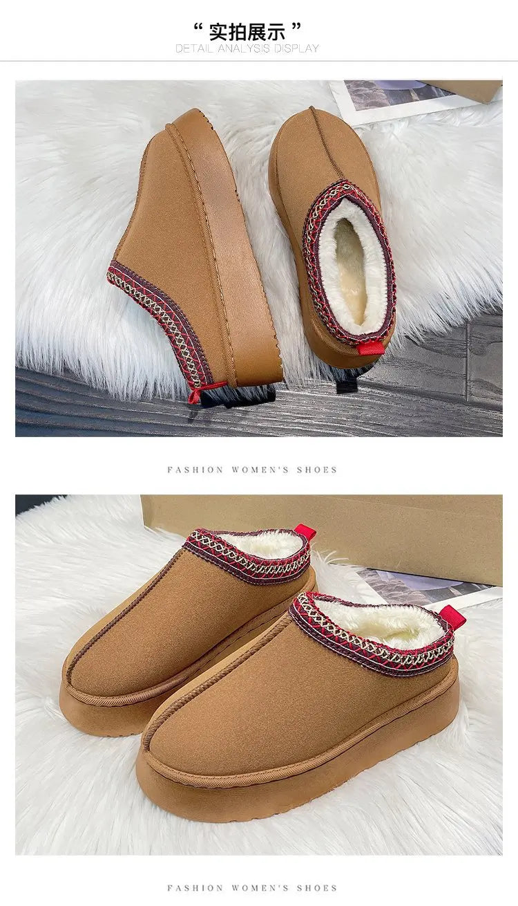 Women's Wool Slippers Warm Sheepskin Platform Shoes 2024