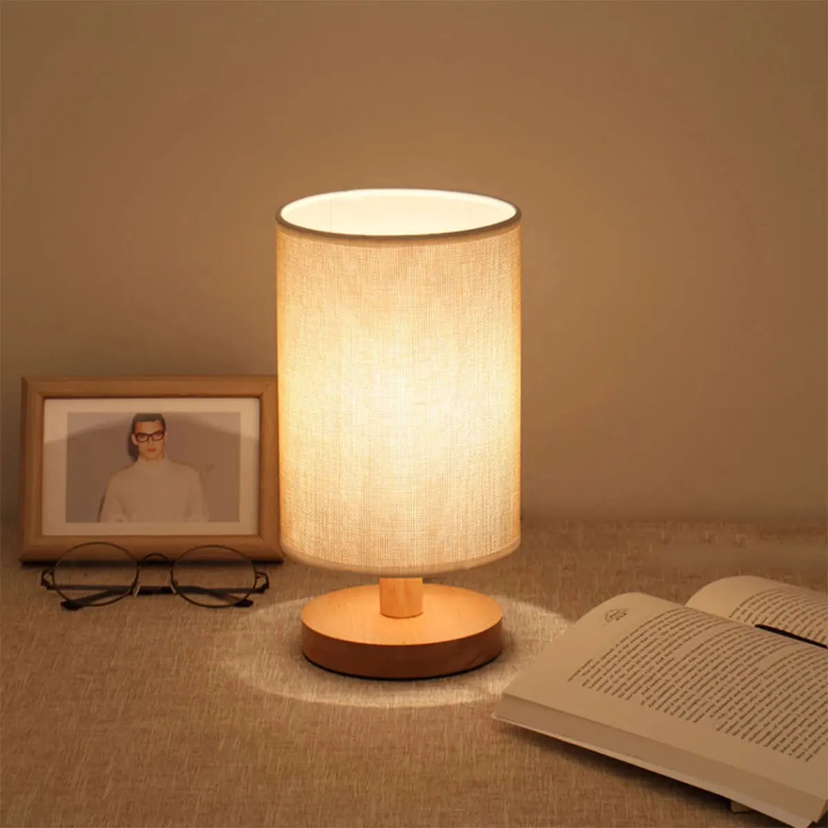 USB Wooden Bedside Lamp with Cylinder Shade Night Light for Bedroom Home Decor