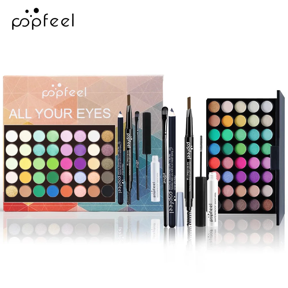 Popfeel All in One Makeup Kit Gift Set with Eyeshadow Palette Foundation Lip Gloss Blush Brushes and Eyeliner Essential Beauty Collection