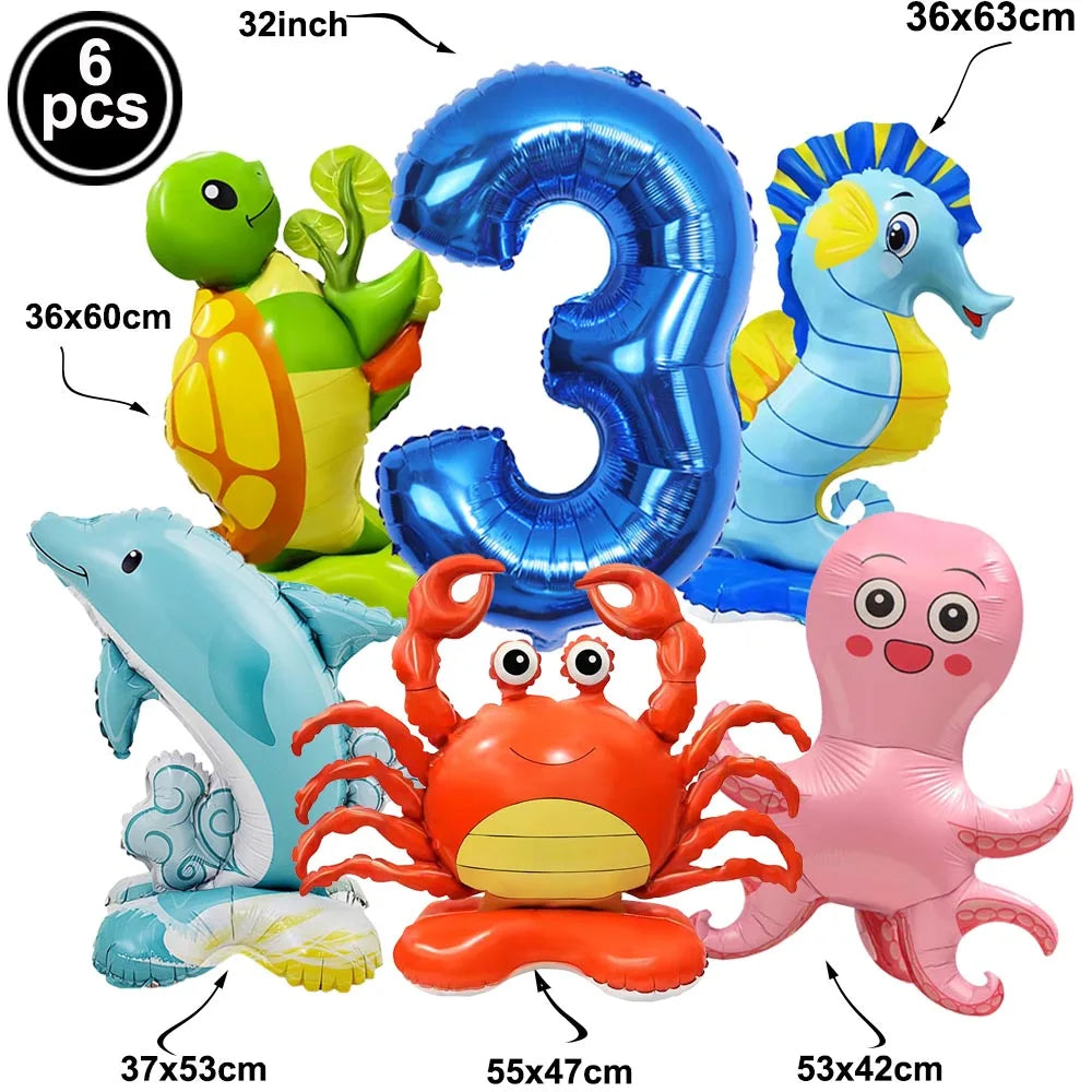 4th Birthday Sea Animal Decoration Blue Foil Balloon 32inch