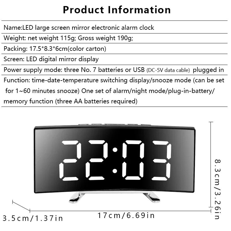 Creative Curved Electronic Clock LED Large Screen Mirror Alarm Clock for Students
