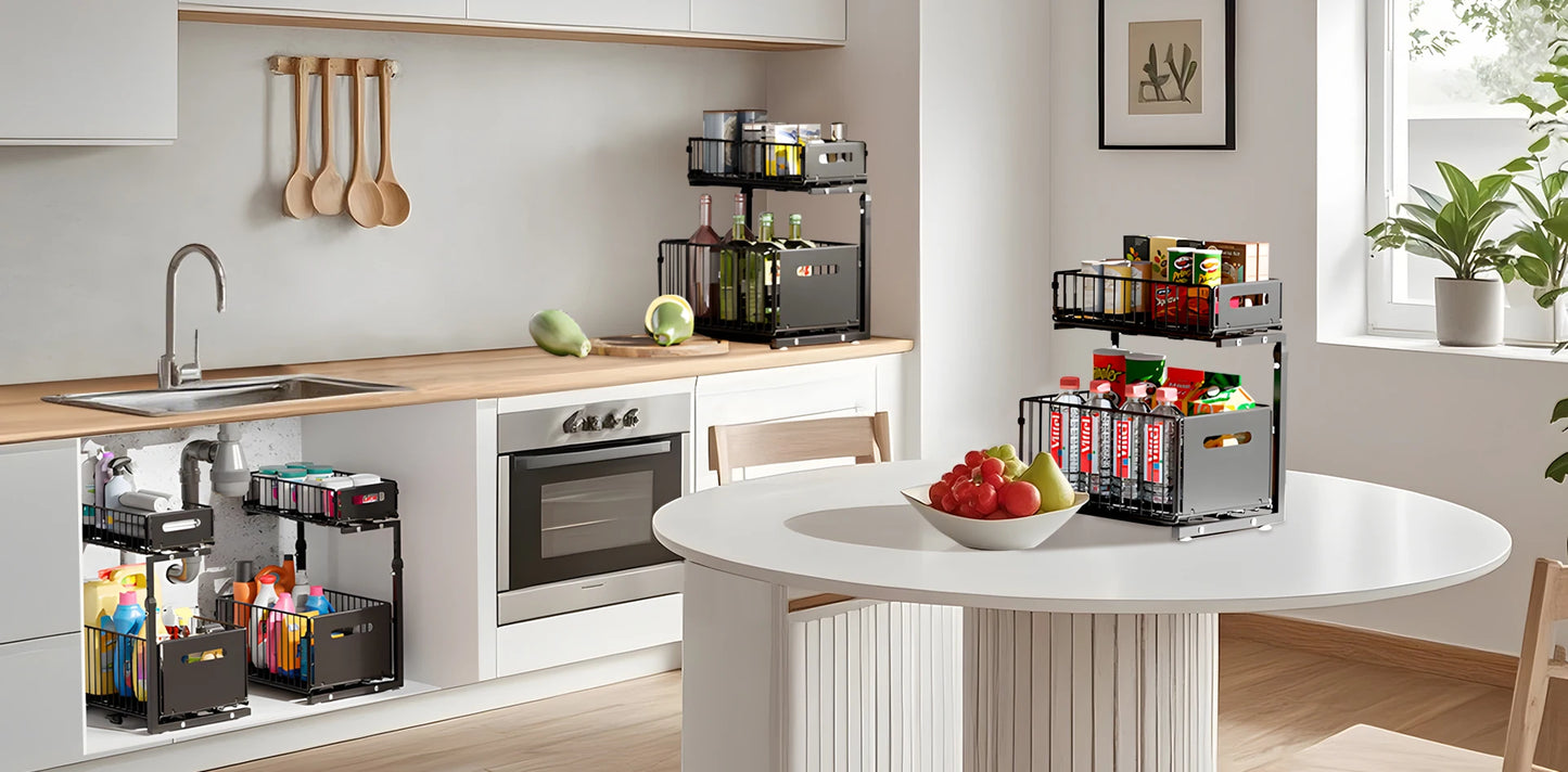 2 Tier Pull Out Cabinet Organizer Adjustable Kitchen Storage Rack