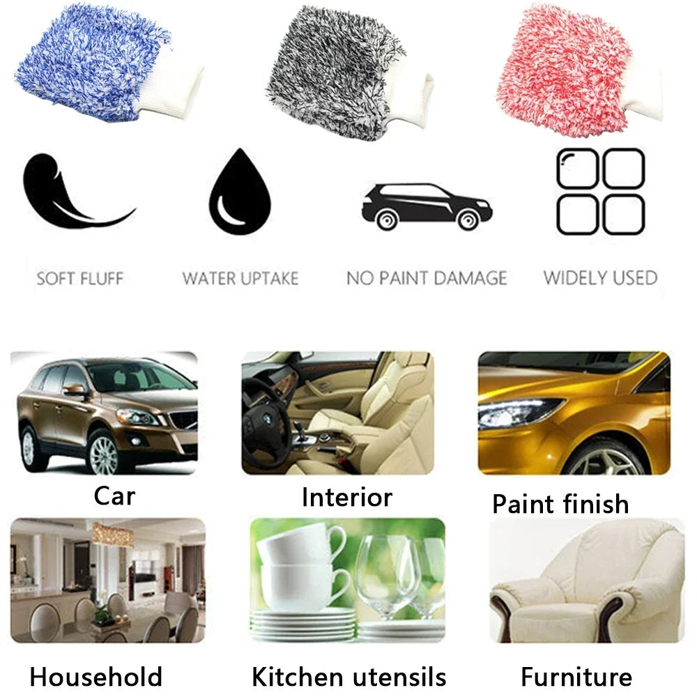 Car Wash Brush Microfiber Wheel Cleaning Gloves Non-Slip Handle