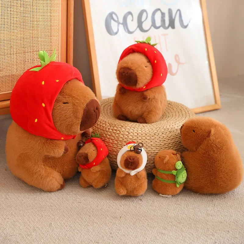 Strawberry Hat Capybara Plush Toy with Turtle Backpack Pendant
