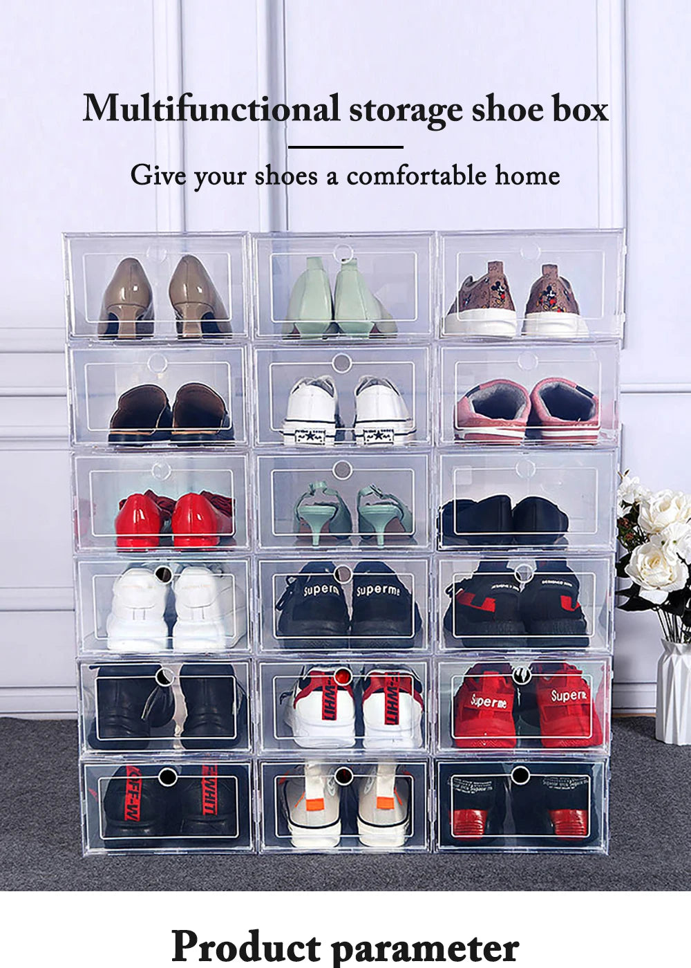 6 Pack Transparent Shoe Box Organizers Dustproof Stackable Cabinet