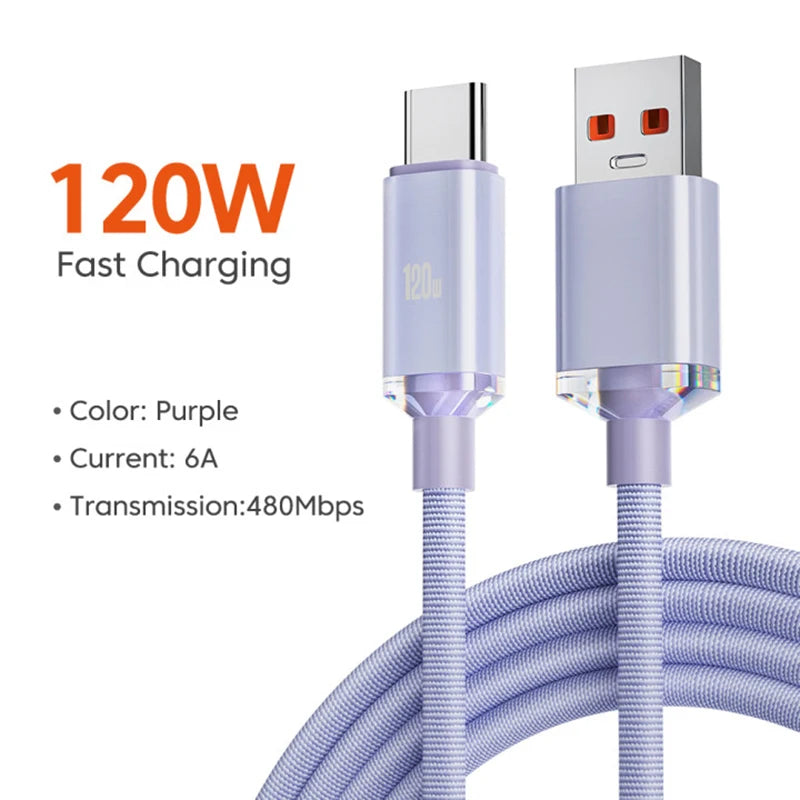 120W 6A Fast Charge USB Type C Cable for Xiaomi Huawei