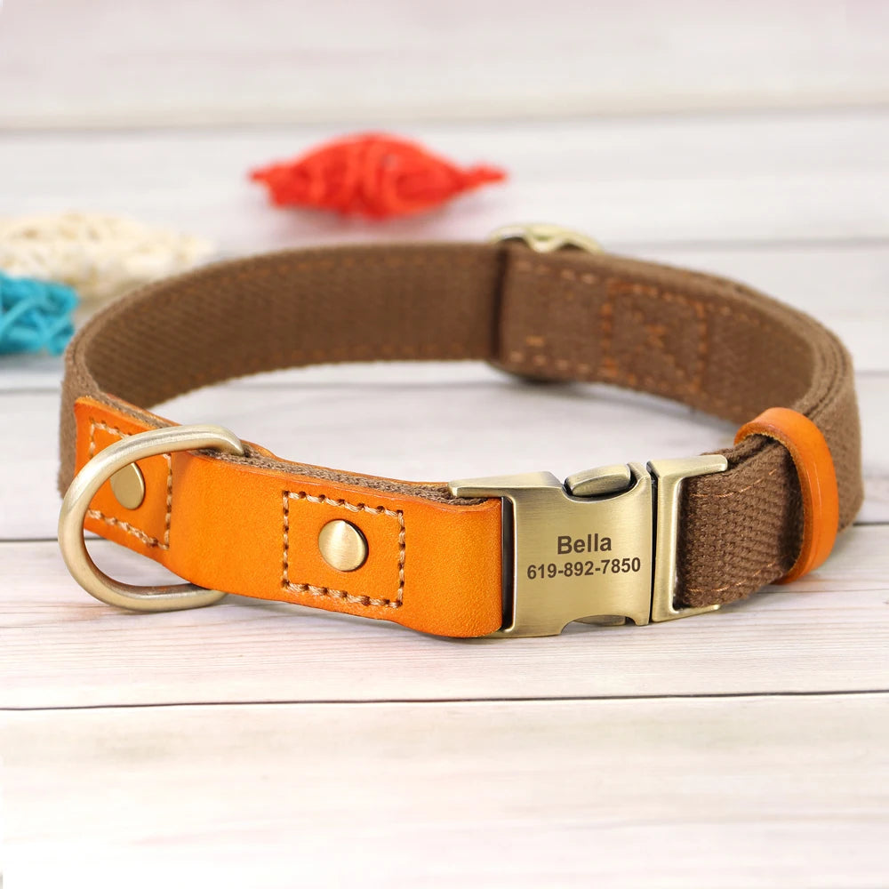 Nylon Custom Dog Collar and Leash Set with Personalized Genuine Leather Nameplate ID Tag for Puppies