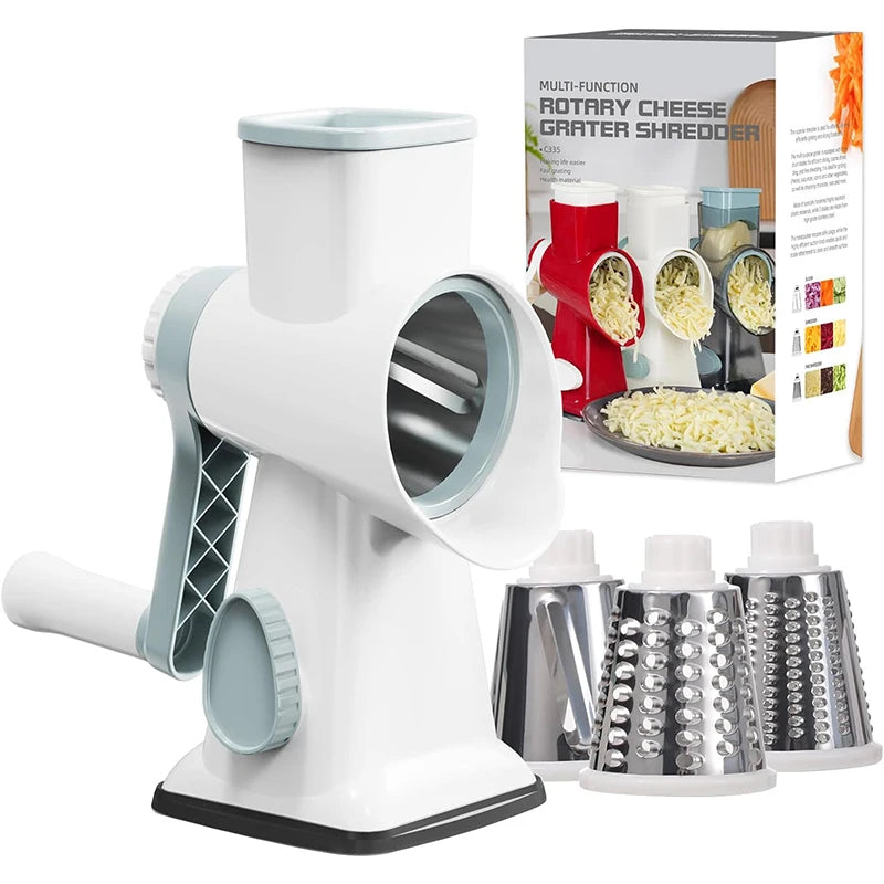 3 in 1 Manual Rotary Cheese Grater and Vegetable Slicer for Nut Grinding and Cheese Shredding