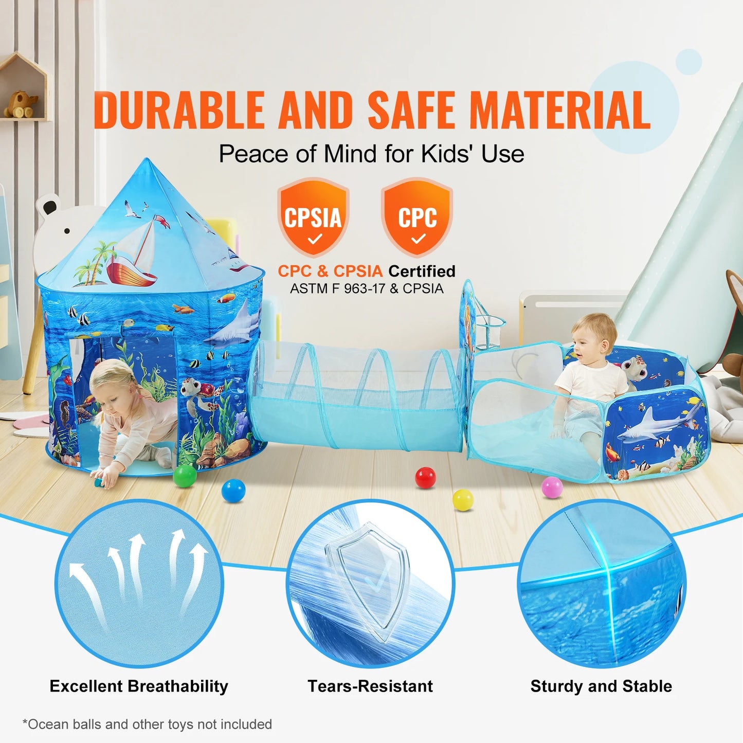 VEVOR 3 in 1 Kids Play Tent with Tunnel and Basketball Hoop