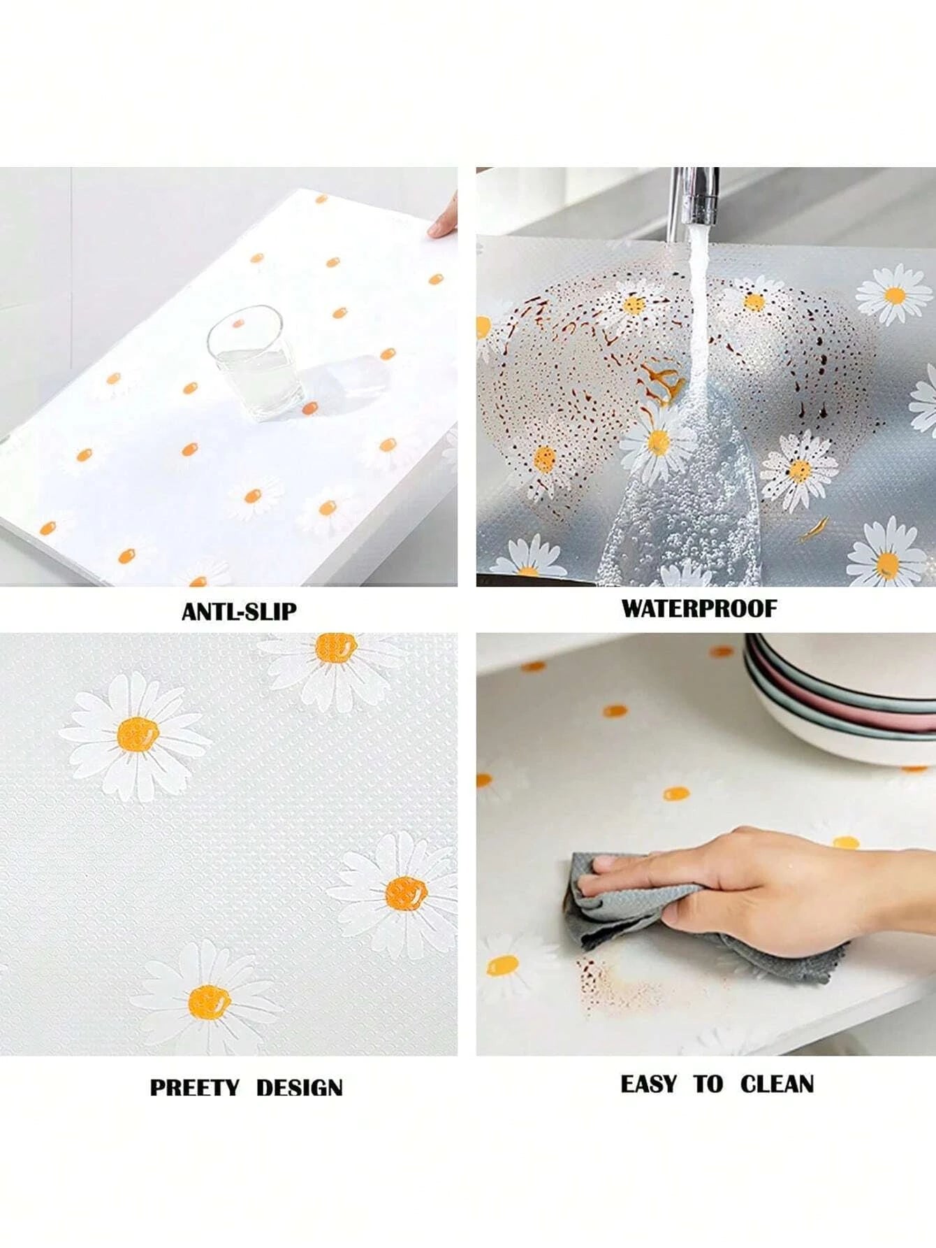 Daisy Shelf Liner Roll Non Adhesive EVA Waterproof Mat for Kitchen Cabinets and Fridge Organization