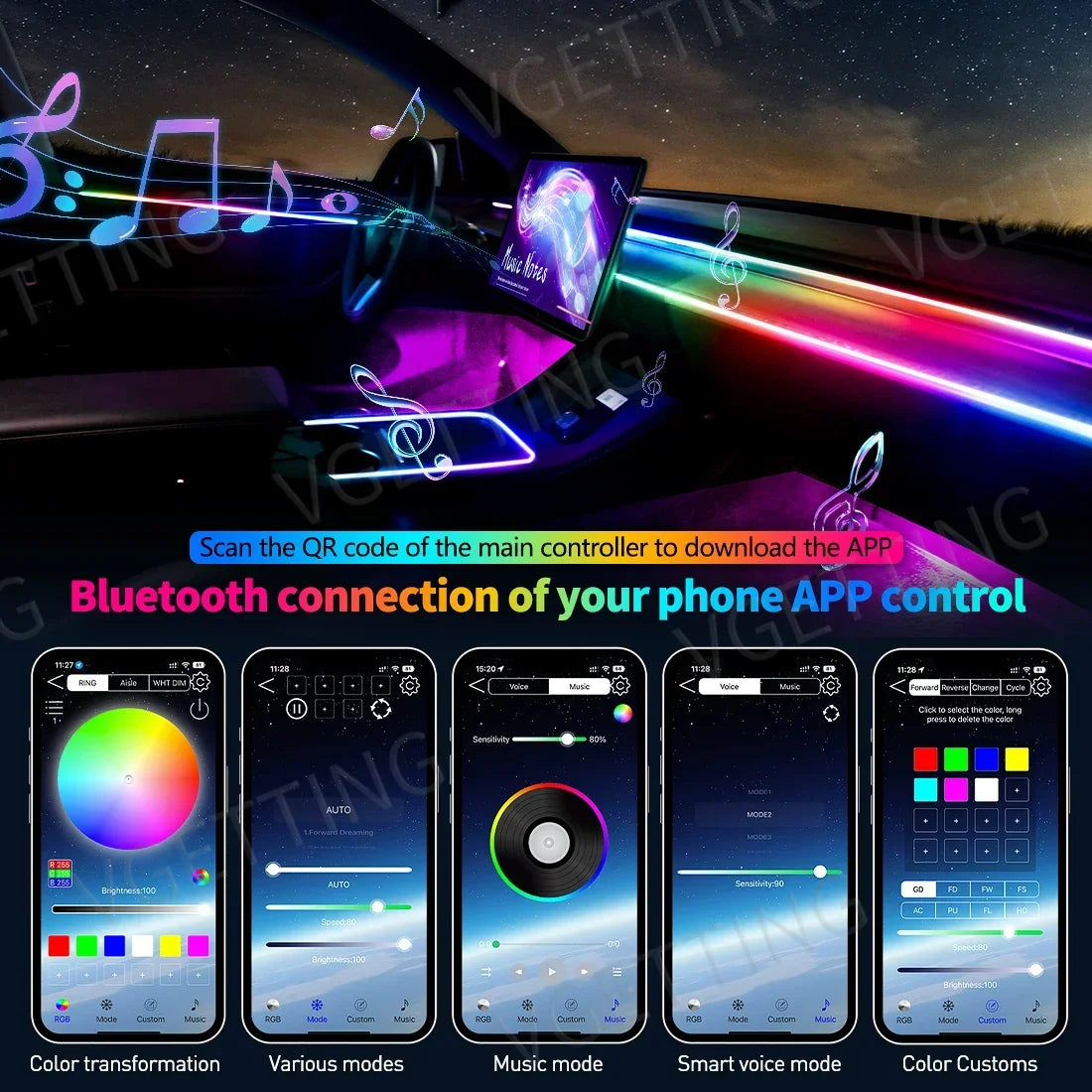 Vgetting 18 in 1 Car Ambient Lights LED Acrylic Strips RGB 64 Colors APP Control