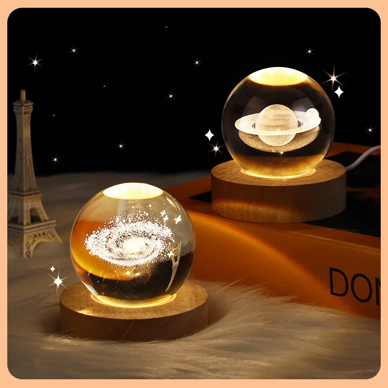 USB Night Light LED Crystal Ball Table Lamp 3D Galaxy Decor