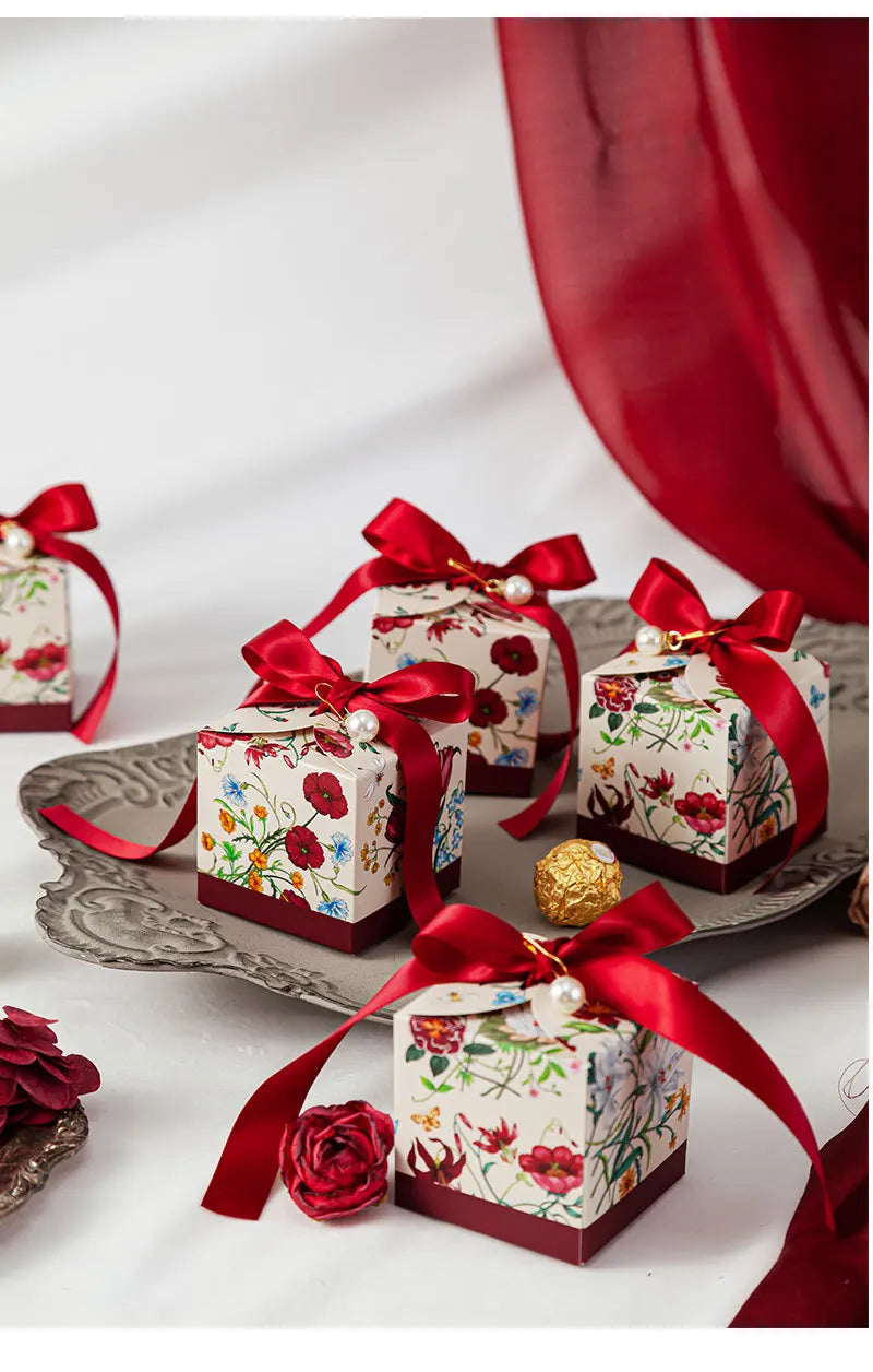 Mori Series Hand-Painted Plant Wedding Favor Candy Boxes 20 or 50 Pieces with Ribbon for Party Chocolate Packaging