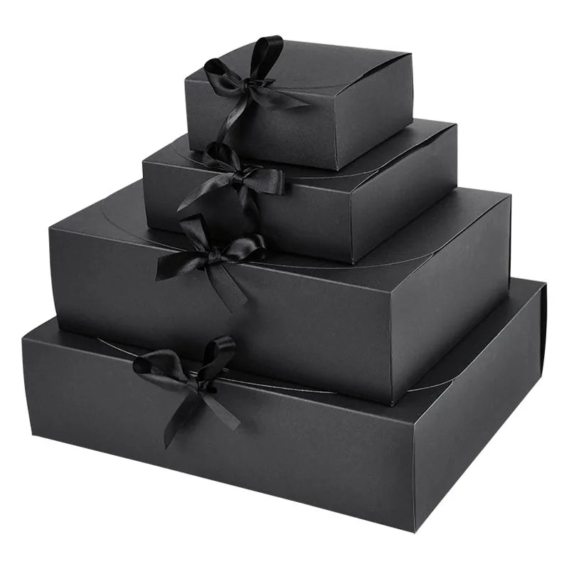 5 Piece Black and White Kraft Paper DIY Gift Box Set with Bow Ribbon for Weddings and Parties