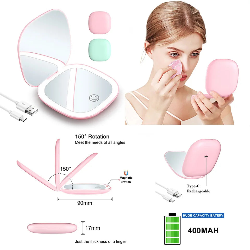 Mini Compact Foldable LED Makeup Mirror with 5x and 10x Magnification Rechargeable and Travel Friendly