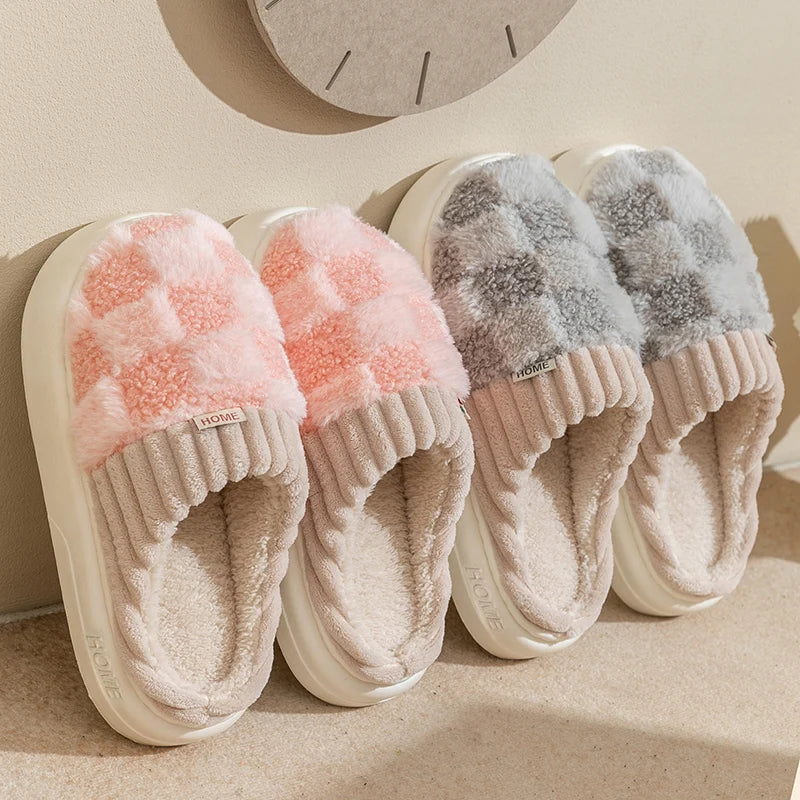 Fashion Couple Winter Toe Wrap Warm Plaid Cotton Slippers