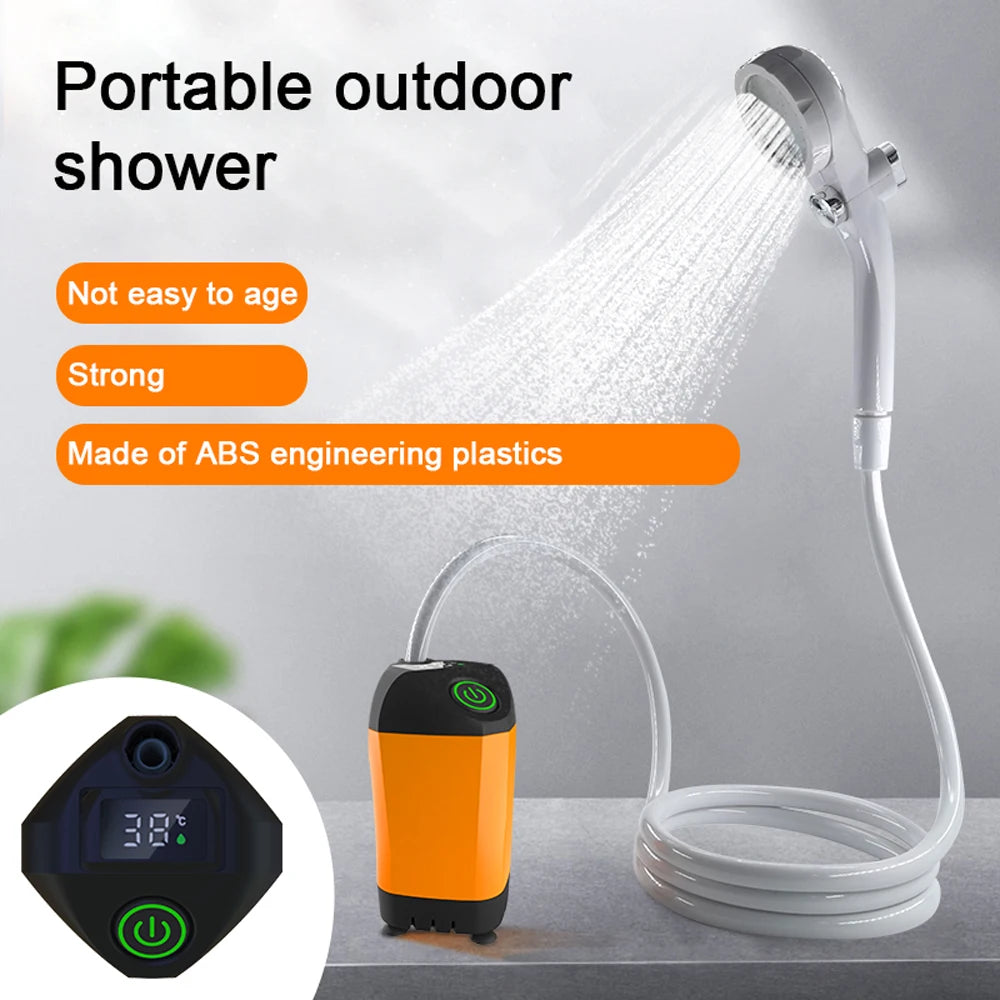 Outdoor Camping Shower IPX7 Waterproof Orange with Digital Display Portable Electric Shower Pump