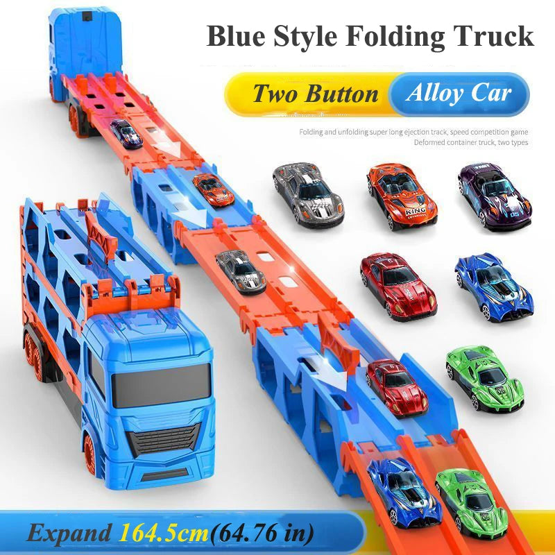 Large Car Transporter Truck with Folding Track and Racing Vehicles for Kids - Competitive Games and Storage Alloy Car Toy - Perfect Gift for Boys