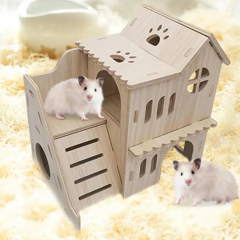 Large Hamster House Double-decker Gerbil Hut With Ladder Large Wooden Small Animals Pets Exploring Toys For Chinchilla