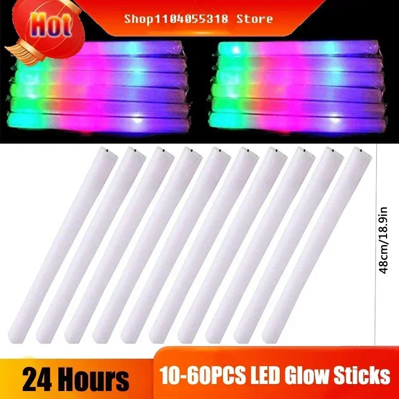 Colorful RGB LED Glow Sticks Foam Party Pack 10 to 60 Pieces for Christmas Birthdays Weddings and Glow in The Dark Celebrations