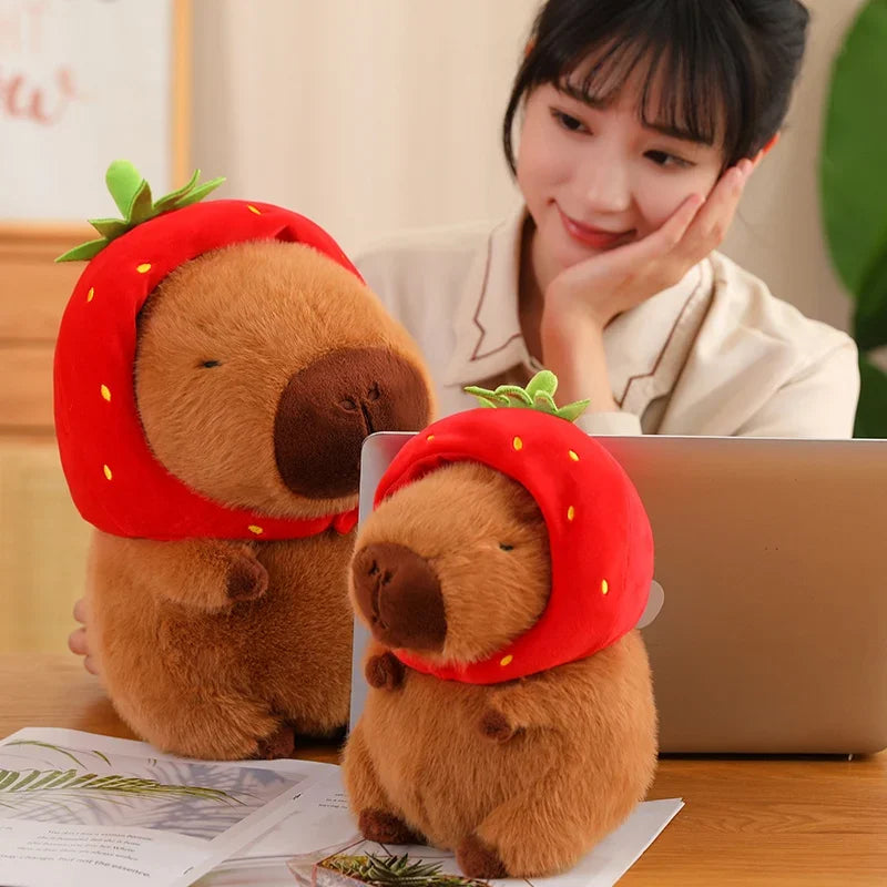Strawberry Hat Capybara Plush Toy with Turtle Backpack Pendant