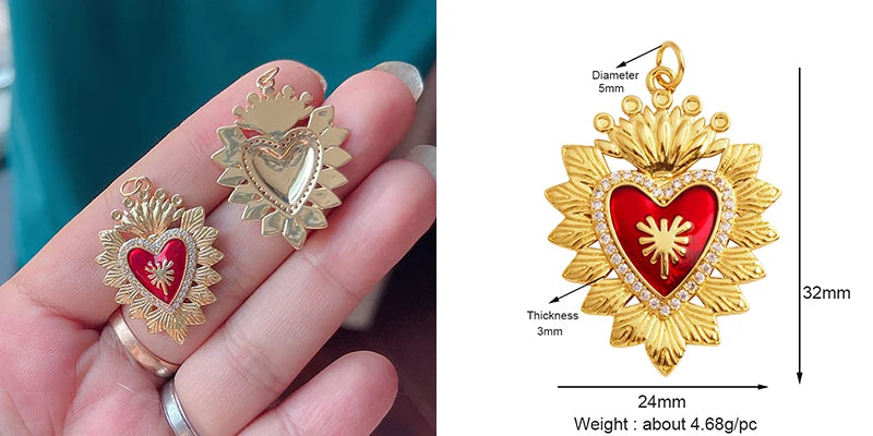 New Sacred Red Heart Charm Pendant 18K Gold Plated Zircon