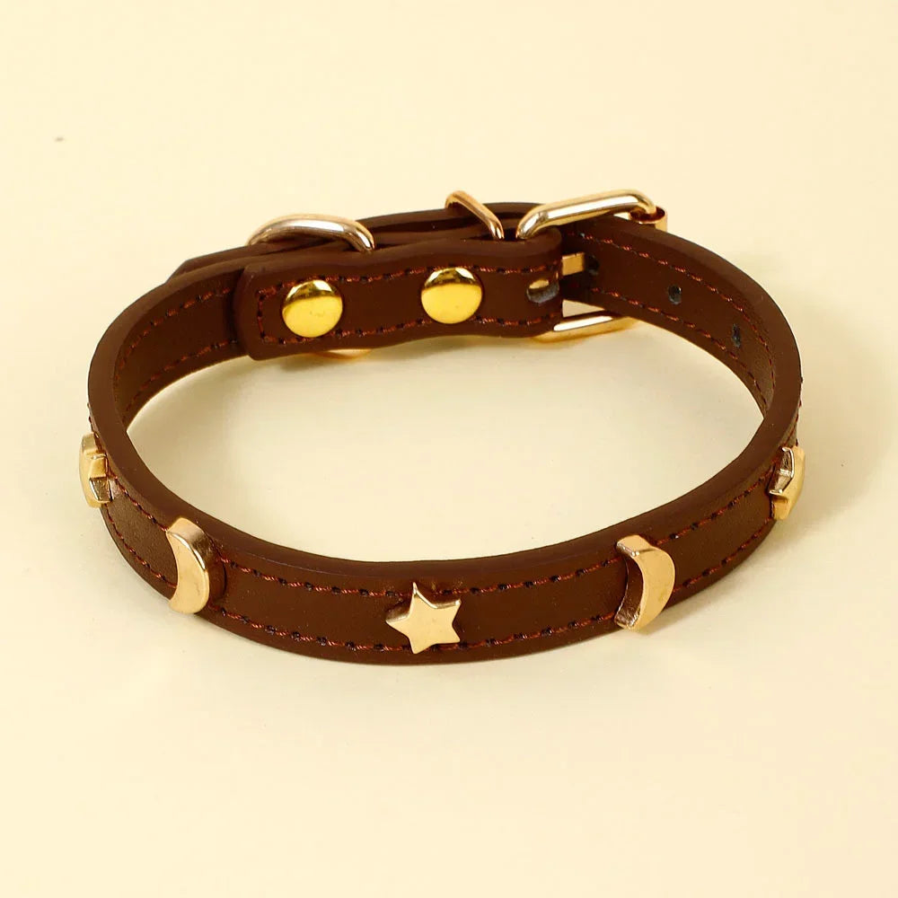 Cute Cat Collar Soft Leather Pet Collars For Small Dog Kitten Puppy Necklace Cat Accessories Star Moon Rivets Decoration XS-M