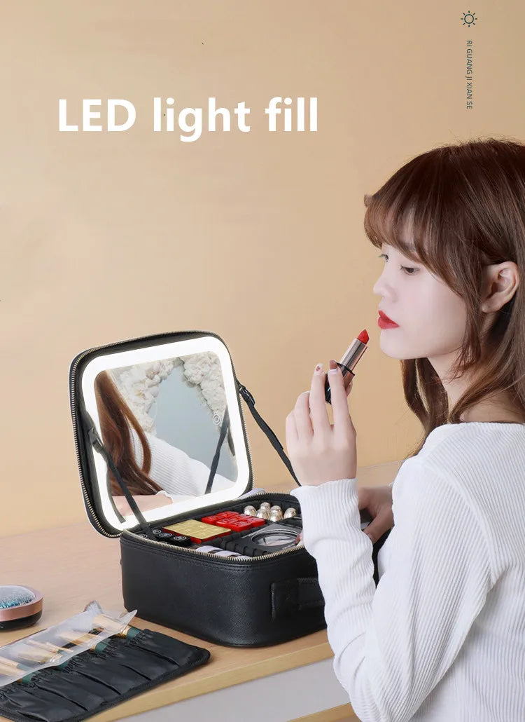 Smart LED Makeup Case with Mirror and USB Charging Waterproof Travel Cosmetic Bag for Women Portable Vanity with Adjustable Lighting