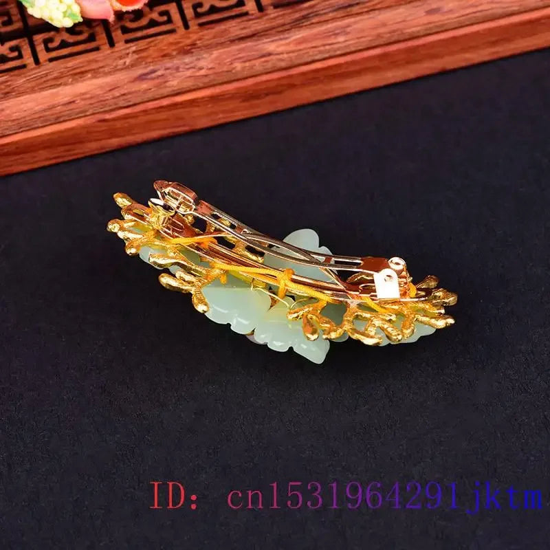 Green Jade Flower Barrette Hairpin 18K Gold Vintage Clip
