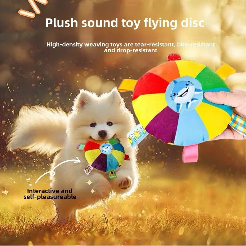 Funny Rainbow Plush Flying Saucer Dog Bite Toys Stuffed Raw Small Dog Interactive Training Game Chew Toy Pet Disc Toys with Bell