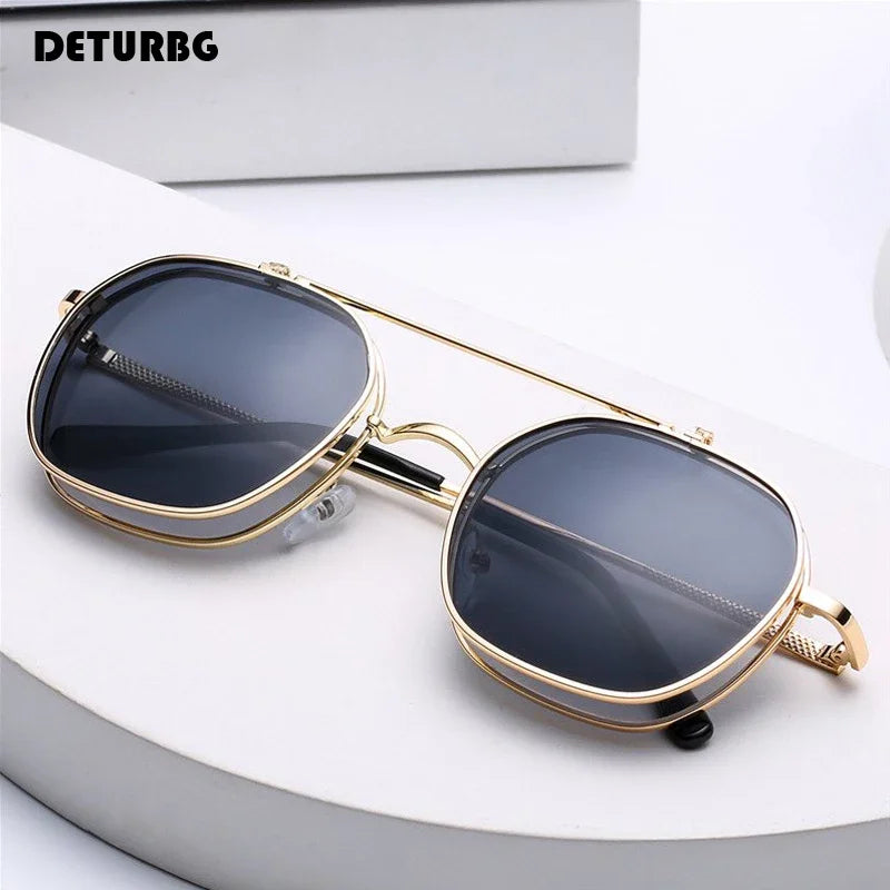 Vintage Flip Up Punk Round Sunglasses UV400 Retro Shades for Women