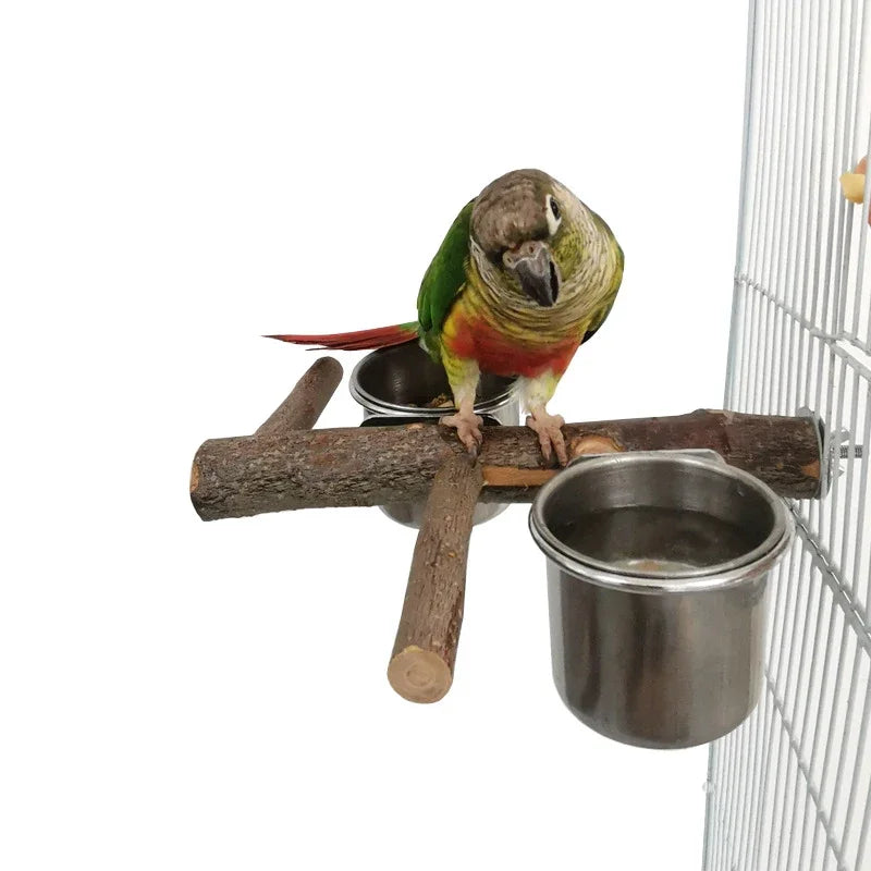 Stainless Steel Birds Parrot Feeder Bowl Round Small Pet Natural Wood Stand Food Water Drinking Feeding Bowl Birds Supplies