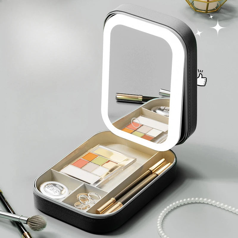 LED Makeup Storage Box with Mirror Portable Travel Case Large Capacity Organizer for Cosmetic Accessories