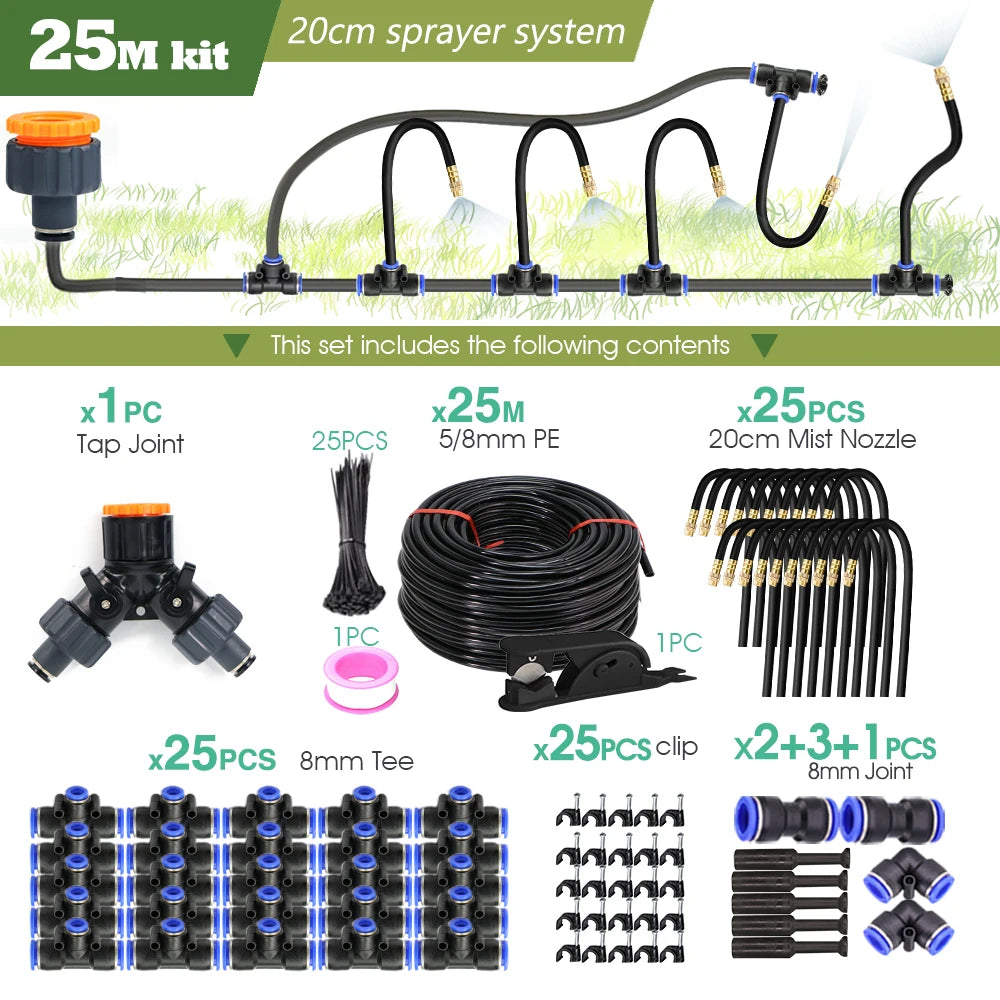 30M to 5M DIY Universal Sprayer Kit with 8mm Hose for Patio Misting Cooling System and Garden Plant Irrigation