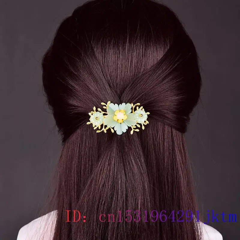 Green Jade Flower Barrette Hairpin 18K Gold Vintage Clip