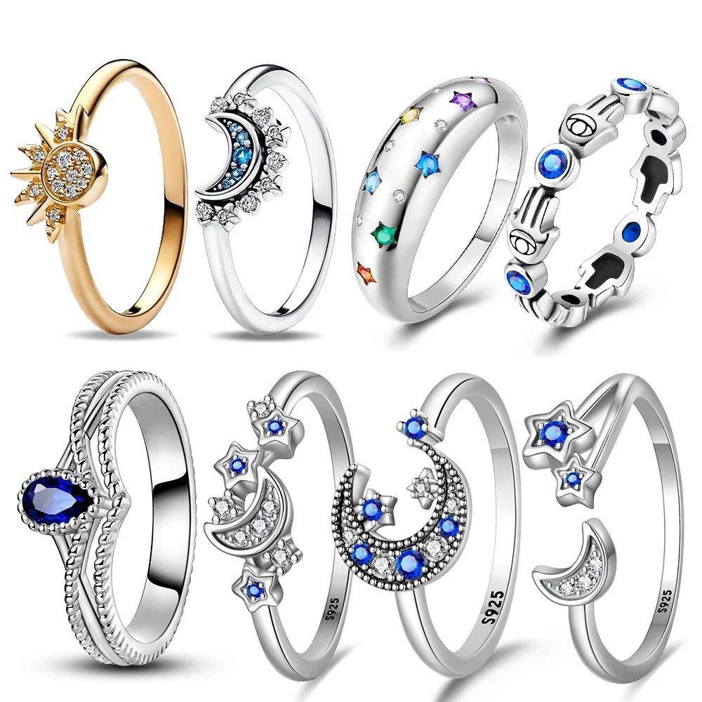 Original Sterling Silver 925 Ring Star Moon Rope Double Layer Gift