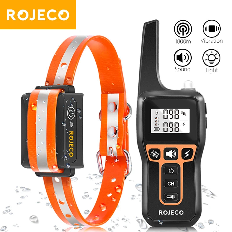 ROJECO 1000m Electric Dog Training Collar Remote Control Rechargeable Bark Control Shock Collar