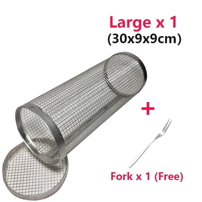 Rolling BBQ Basket – Stainless Steel Grilling Mesh Rack for Vegetables, Fish & Meat, Ideal for Camping BBQs