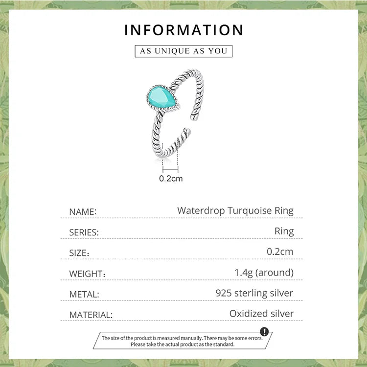WOSTU 925 Sterling Silver Turquoise Waterdrop Ring for Women