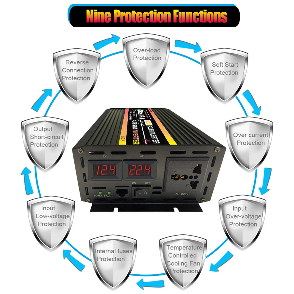 10000W/12000W Car Inverter LCD Display Pure Sine Wave Inverter DC 12V to AC 220V