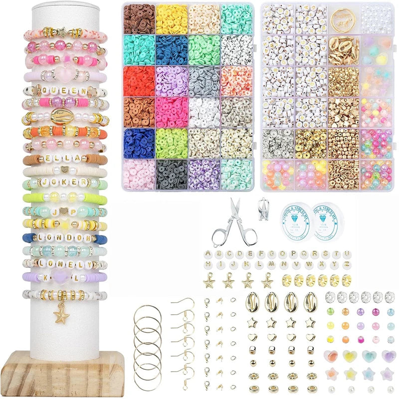 24 Rainbow Color Clay Beads Bracelet Making Kit with 2 Boxes for DIY Jewelry Crafting and Handmade Accessories