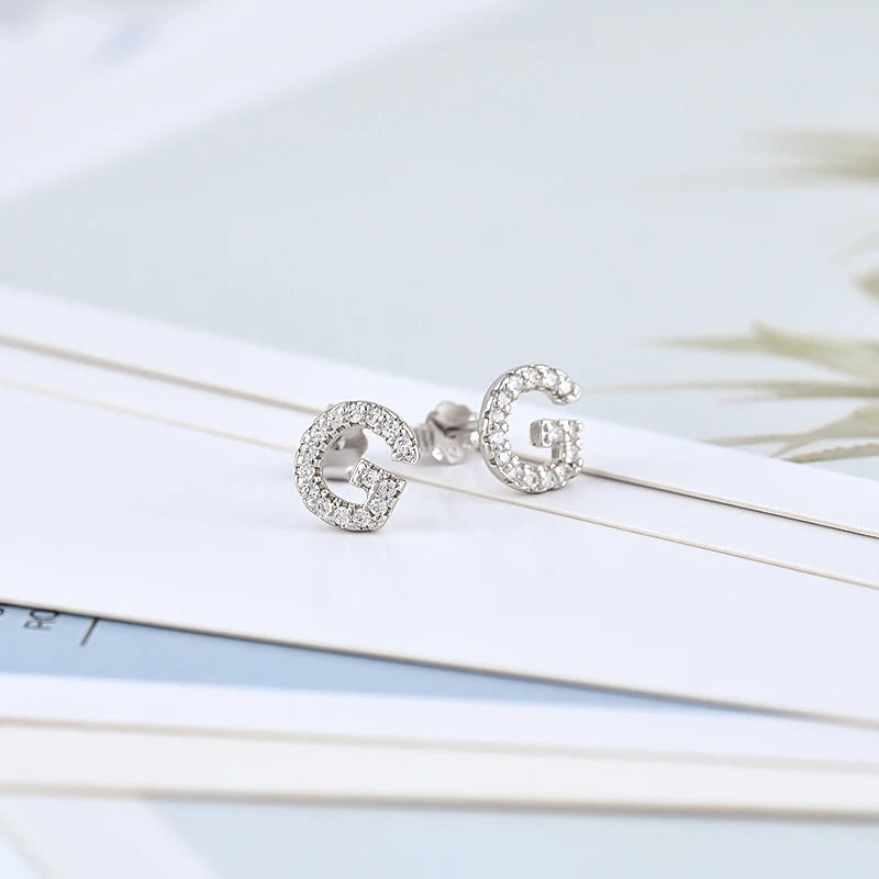 Simple Metal 925 Sterling Silver Letter Earrings with Zircon