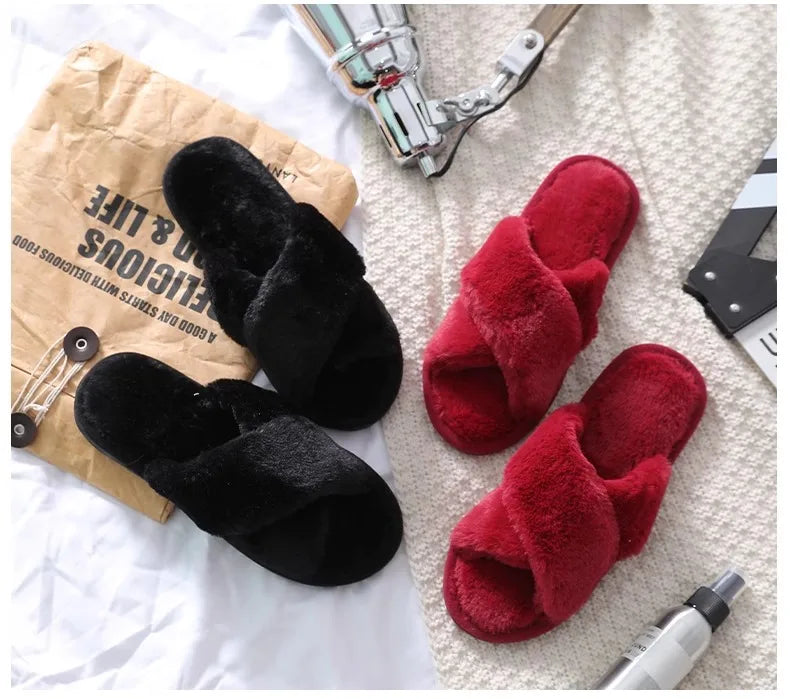 Winter Cross Imitation Rabbit Fur Slippers for Women