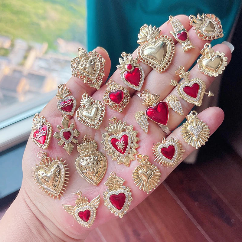 New Sacred Red Heart Charm Pendant 18K Gold Plated Zircon