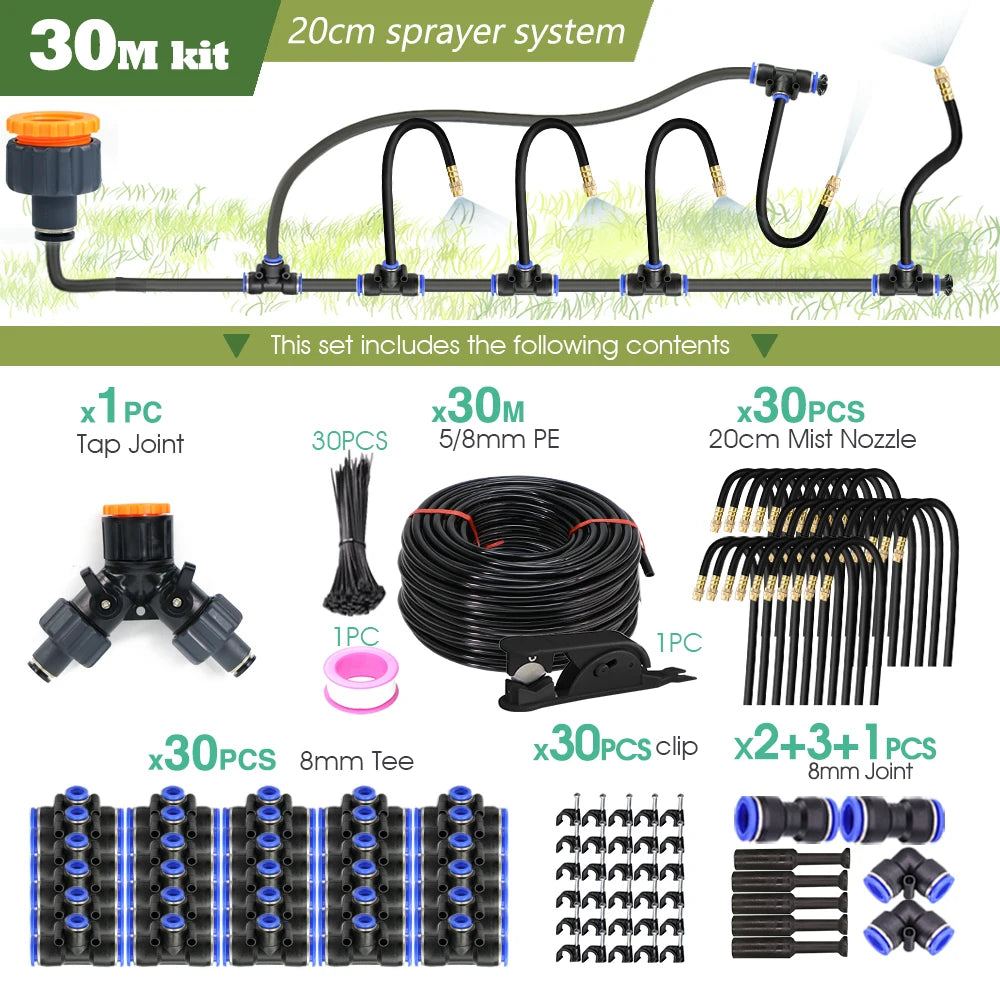 30M to 5M DIY Universal Sprayer Kit with 8mm Hose for Patio Misting Cooling System and Garden Plant Irrigation