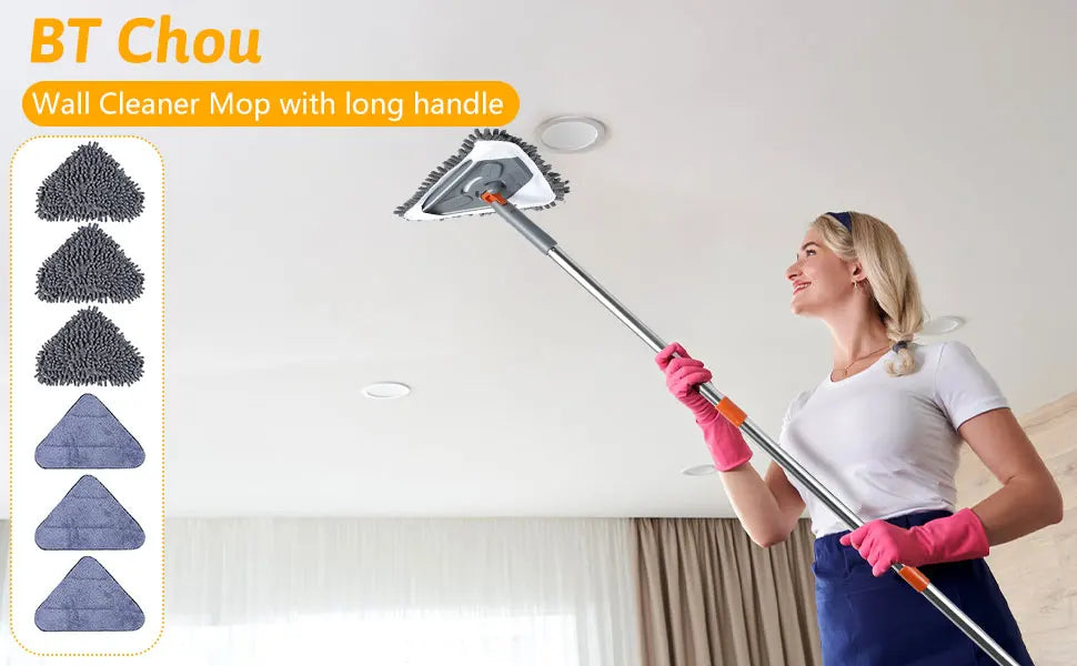 360 Degree Rotating Triangle Microfiber Wall Mop with Long Handle Adjustable Dry and Wet Cleaning Mop for Efficient Floor Dusting