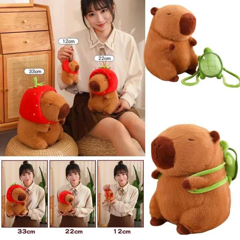 Strawberry Hat Capybara Plush Toy with Turtle Backpack Pendant