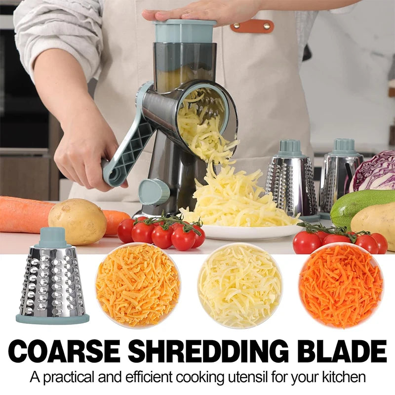 3 in 1 Manual Rotary Cheese Grater and Vegetable Slicer for Nut Grinding and Cheese Shredding