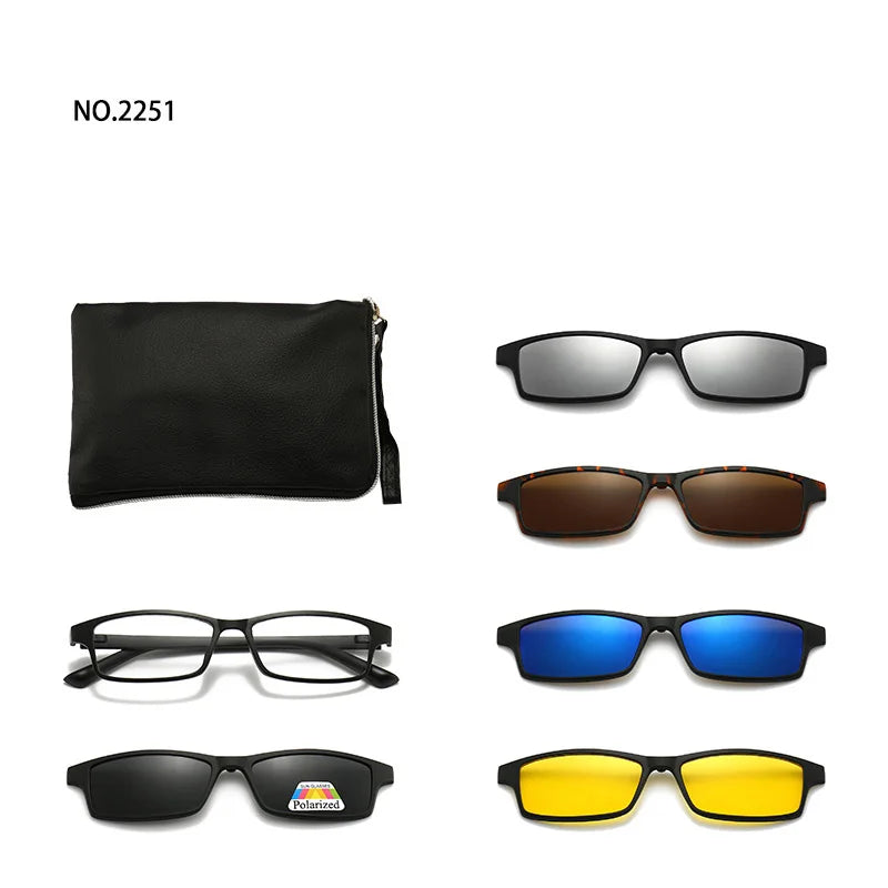 6 In 1 Spectacle Frame Men Women with Clip On Polarized Sunglasses